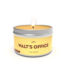 Disney candle labeled 'WALT'S OFFICE' with a yellow label and a metallic tin container, indicating it is an 8 oz candle - Park Scents